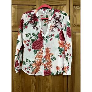 Chic‎ Connection Print Blouse M White Boho Flowers V-neck Tie sleeve